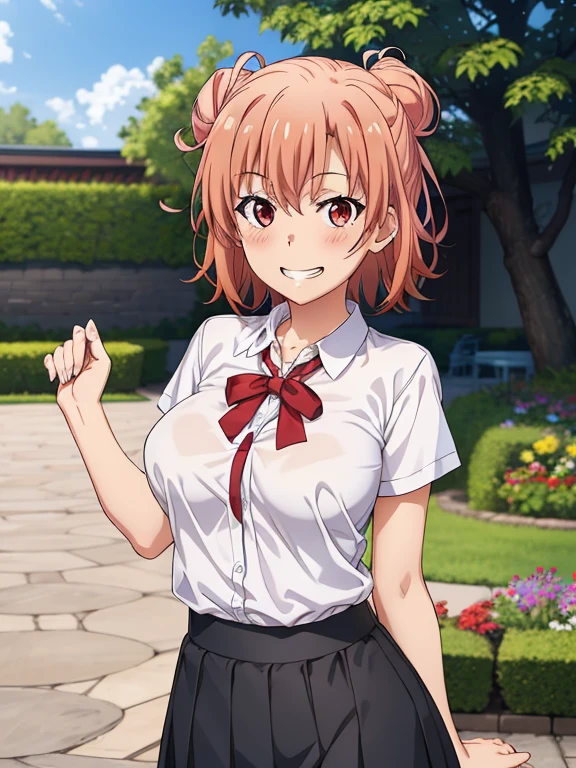 ((masutepiece, Best Quality, hight resolution, nffsw, Perfect Pixel, depth of fields, 4K, )), 1girl in, Solo, , Beautiful anime girl, Beautiful Art Style,
standing:1.3, garden background, Looking at wevier.
Perfect body, grin smile, shirt lift:1.4,
Yuigahama Yui, Hair bun, short hair, large breasts,
Full face blush, black skirt, red face,
straight-on:1.3, medium shot