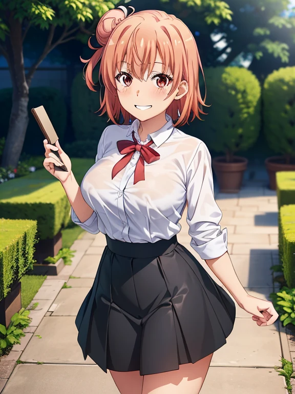 ((masutepiece, Best Quality, hight resolution, nffsw, Perfect Pixel, depth of fields, 4K, )), 1girl in, Solo, , Beautiful anime girl, Beautiful Art Style,
standing:1.3, garden background, Looking at wevier.
Perfect body, grin smile, shirt lift:1.4,
Yuigahama Yui, Hair bun, short hair, large breasts,
Full face blush, black skirt, red face,
straight-on:1.3, medium shot
