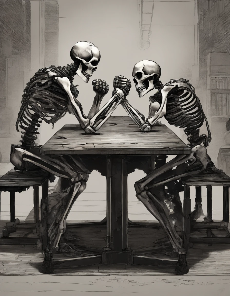 Two skeletons arm wrestling on a table,They are in a dimly lit room,And we watch them arm-wrestle from the side of the desk.