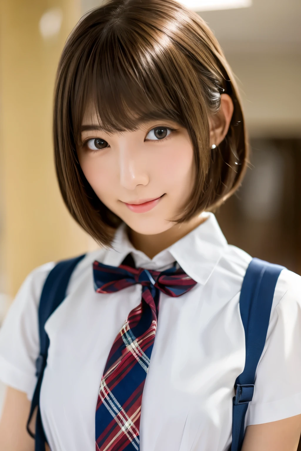 masterpiece, close up of face, front-facing view, a Japanese young pretty woman, ************, (Bouncing cheerfully), Gorgeous figure, Wearing a short-sleeved white collared shirt and a shiny red satin plain bow tie, Wearing a blue tartan plaid skirt, absolutely pretty face, shiny lips, Double eyelids in both eyes, Natural makeup,  long eyeslashes, shiny smooth light brown hair of medium length, asymmetrical bangs, Alone in the classroom, Headframe, image in center, 8K resolution, high detail, detailed hairstyle, A detailed face, spectacular movie lighting, Ultra-realistic, Perfect limbs, full body Esbian