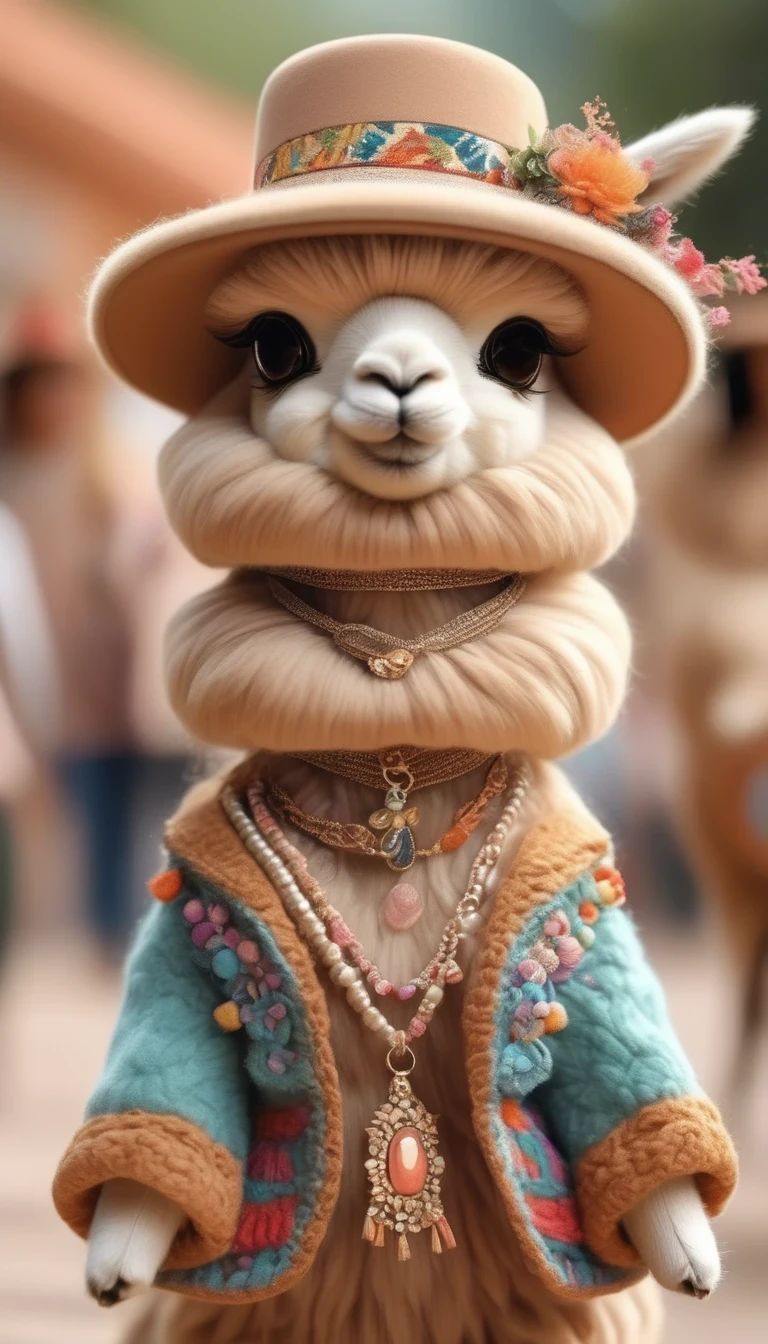 （Cute alpaca fashion show）， Alpaca is anthropomorphized with makeup，whole body，Fashion trends for summer 2024，Khaki，milky，Charming Alpaca，Enchanting Alpaca，Walking on a catwalk，Dynamic poses，Cool，Cute big eyes，necklace，hat，Fashion，Cartoon，iin style of Terracotta artwork , portrait，background：Fashion show catwalks