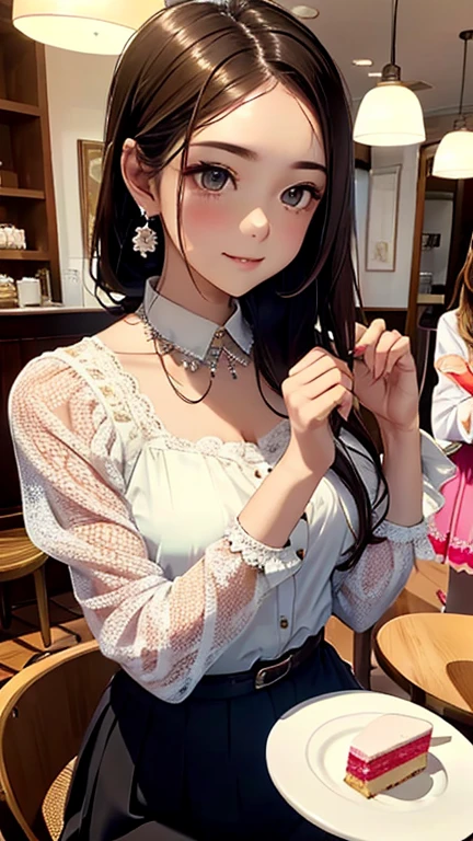 master piece, best quality, high quality, high resolution,8K, detailed, ultra-detailed, highest quality、High resolution、detailed background、Beautiful and dense face、beautiful and smooth skin、skin texture、cuteteenage girl、(three women)、realistic、perfect body line、braided ponytail、cute hairstyle、Calm atmosphere、
happy look、smile、laughter、sexual expression、Upper body、Tea time at the cafe、(Three women enjoy cakes and sweets while chatting at a cute cafe:1.5)、
Choose white or pastel colors for lace tops and flared skirts...、sandals or heels、
If the lace top is transparent, You can wear it elegantly even when layered with an inner camisole.。..、
Choose a lace blouse in a soft color and add feminine movement with a pleated skirt.、
Adding lace to the sleeves and collar of the blouse makes it even more cute.、
Choose a colorful lace camisole、Add elegance with a midi skirt、cute、Simple and elegant pearl earrings、delicate chain necklace、
A watch that gives an elegant and sophisticated impression、It is a good idea to choose a design that matches your taste and clothing...、leather belt, metal belt、
A simple bracelet that looks great on your wrist、Thin chain and simple design、thin ring on fingertip、Pay attention to proper balance and layering、cute