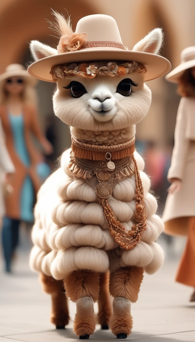 （Cute alpaca fashion show）， Alpaca is anthropomorphized with makeup，whole body，Fashion trends for summer 2024，Khaki，milky，Charming Alpaca，Enchanting Alpaca，Walking on a catwalk，Dynamic poses，Cool，Cute big eyes，necklace，hat，Fashion，Cartoon，iin style of Terracotta artwork , portrait，background：Fashion show catwalks