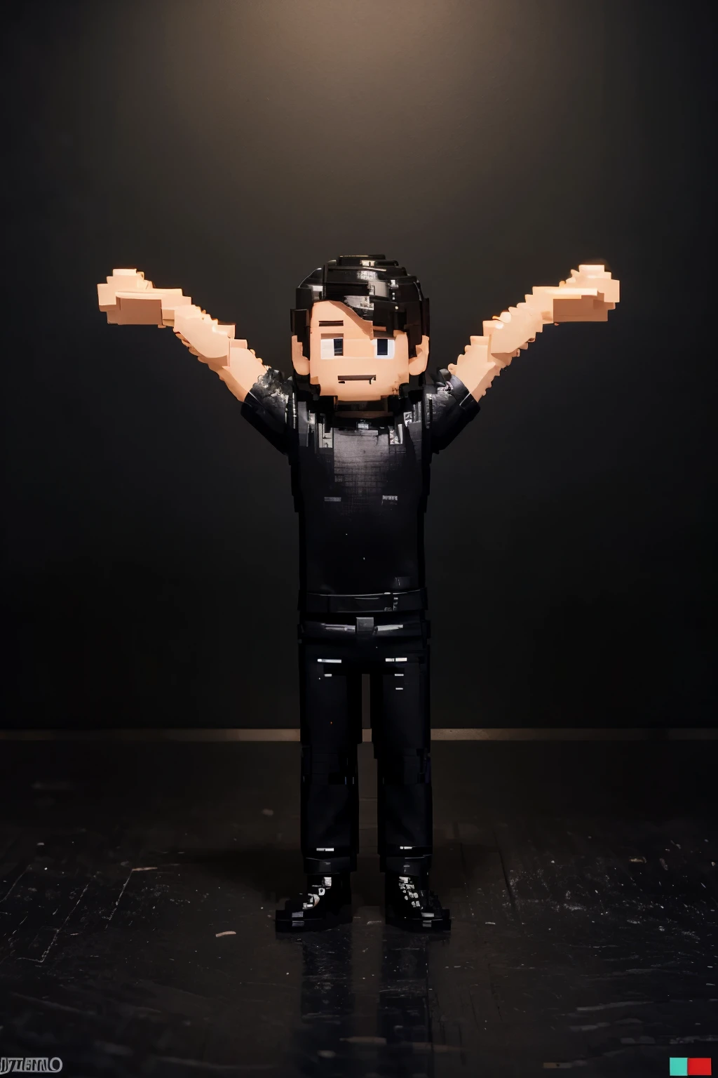 2d pixel art doll of man in black shirt with arms outstretched with solid background, no meio de uma arena, parado em uma arena, segurando uma pose de pudica, escrito "EU SOU FAMOSO NO BRASIL"