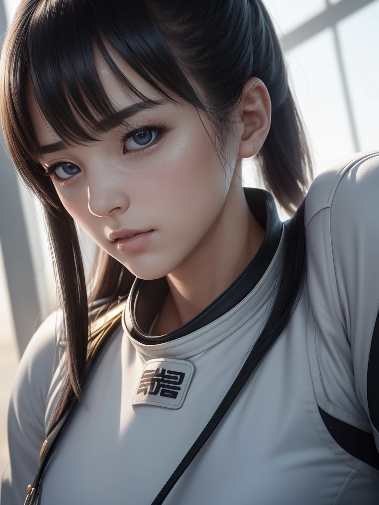 Masseter film, Best quality, (((Realist, Photorealistic:1.37))), ((solo)), 8K Image Quality, Extremely refined, brilliant, Official art with attention to detail, ridiculous, Unbelievably ridiculous, Huge file size, Ultra Detailed, Very detailed, (pretty girl), (Detailed girl), Extremely detailed eyes and faces, Beautiful and delicate eyes, Light makeup,, (Perfect female body), (Japanese Beauty), ((whole body)), ((Put the head into the frame)), black haired, ((Female fighter pilot)), (((猩紅色whole body戰鬥機飛行員服))), (Military airfields, sunny),