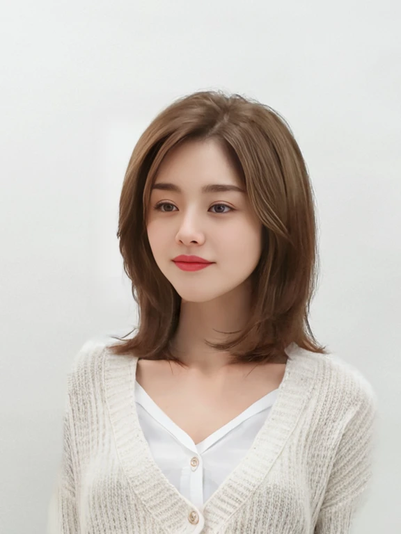 Best Quality, 8K, Masterpiece, (photo realistic:1.3), (hyper realistic:1.3), (Create an image maintaining the original base model hairstyle:1.5), (white cardigan:1.4)