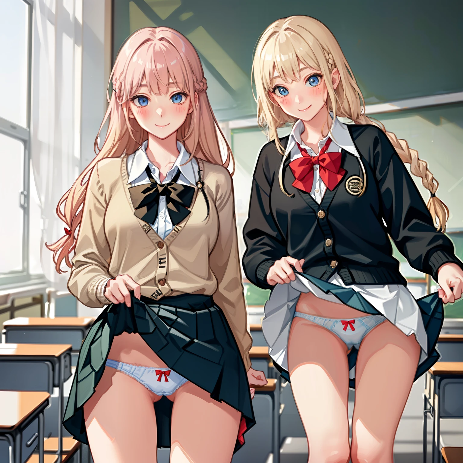 ((2 girls))、(smile:1.5)、Small breasts、(Cowboy Shot)、(fun!!)、(cardigan)、(Blonde)、(blush:1.4)、、(single braid)、(Eye highlights:1.3)、blake black shoes,(黒いskirt)、bow, button, shirt with collar, Long sleeve, ((red bow tie, , Black jacket, Open jacket, 茶色のcardigan, white shirt, 黒のskirt, チェック柄のskirt、white socks)),, shirt,, skirt, socks, Thighs, white shirt, Rest indoors, ((classroom:1.5))、 BREAK while watching the audience、(skirtを掴む:1.0)、 (Perfect hands, Perfect Anatomy),Cowboy Shot、(skirt lift:1.3),(Highly detailed panties:1.3)、(Highly detailed white panties:1.3)、、(skirt that rolls up:1.3)、(Full-fledged panties:1.5)、Light blue eyes、