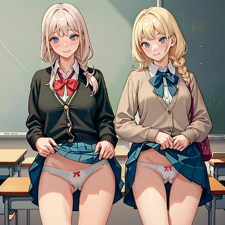 ((2 girls))、(smile:1.5)、Small breasts、(Cowboy Shot)、(fun!!)、(cardigan)、(Blonde)、(blush:1.4)、、(single braid)、(Eye highlights:1.3)、blake black shoes,(黒いskirt)、bow, button, shirt with collar, Long sleeve, ((red bow tie, , Black jacket, Open jacket, 茶色のcardigan, white shirt, 黒のskirt, チェック柄のskirt、white socks)),, shirt,, skirt, socks, Thighs, white shirt, Rest indoors, ((classroom:1.5))、 BREAK while watching the audience、(skirtを掴む:1.0)、 (Perfect hands, Perfect Anatomy),Cowboy Shot、(skirt lift:1.3),(Highly detailed panties:1.3)、(Highly detailed white panties:1.3)、、(skirt that rolls up:1.3)、(Full-fledged panties:1.5)、Light blue eyes、