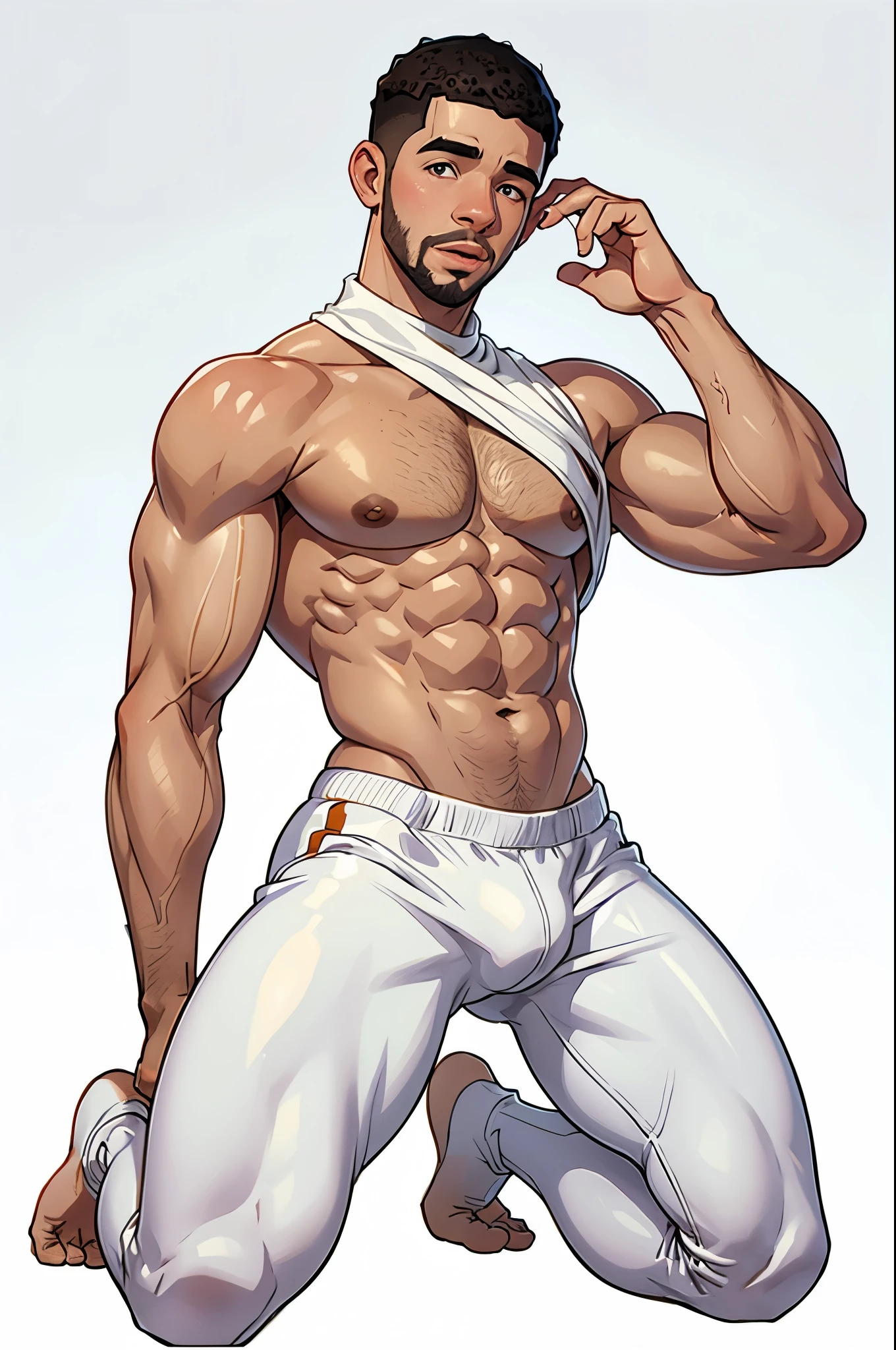 young Drake , on his knees , shirtless ,white background , full body