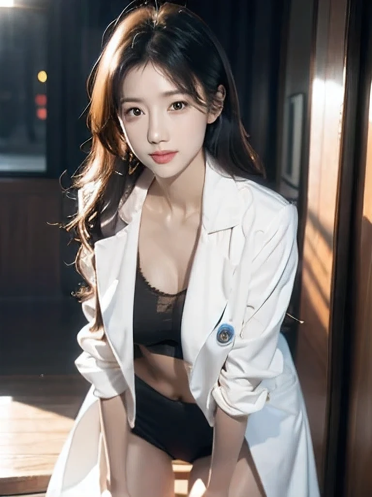 best quality, masterpiece, ultra high res, (photorealistic:1.4), RAW photo beauty Beautiful face Slender smile whole body leaning forward female doctor's white coat stethoscope Opens the chest hospital standing position, beautiful legs