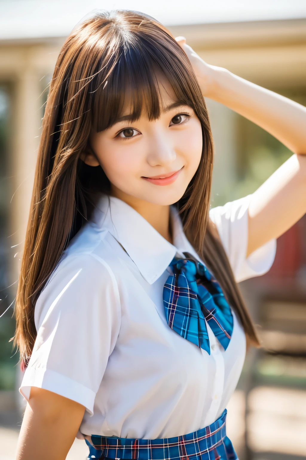 masterpiece, close up of face, front-facing view, a Japanese young pretty woman, 17 years old, (Bouncing cheerfully), Gorgeous figure, Wearing a short-sleeved white collared shirt and a shiny red satin plain bow tie, Wearing a blue tartan plaid skirt, absolutely pretty face, shiny lips, Double eyelids in both eyes, Natural makeup, long eyeslashes, shiny smooth light brown hair of medium length, asymmetrical bangs, Alone in the classroom, Headframe, image in center, 8K resolution, high detail, detailed hairstyle, A detailed face, spectacular movie lighting, Ultra-realistic, Perfect limbs, full body Esbian