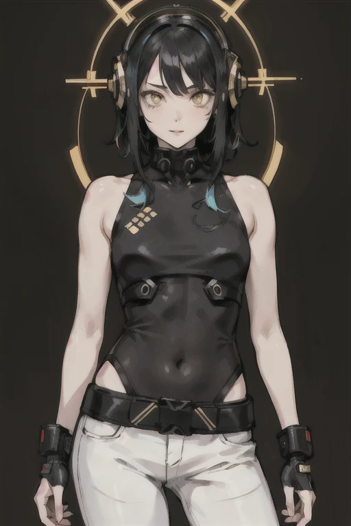 (High resolution), (Ultra delicate), (clear), Realistic，((A girl with black hair and gold inner color)).((cyber punk)），face，Skin realism、A fusion of Japanese style and the near future、white hot pants、Black pupil