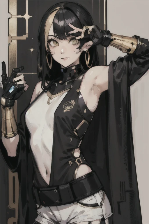 (High resolution), (Ultra delicate), (clear), Realistic,((A girl with black hair and gold inner color)).((cyber punk)),face,Skin realism、A fusion of Japanese style and the near future、white hot pants、Black pupil