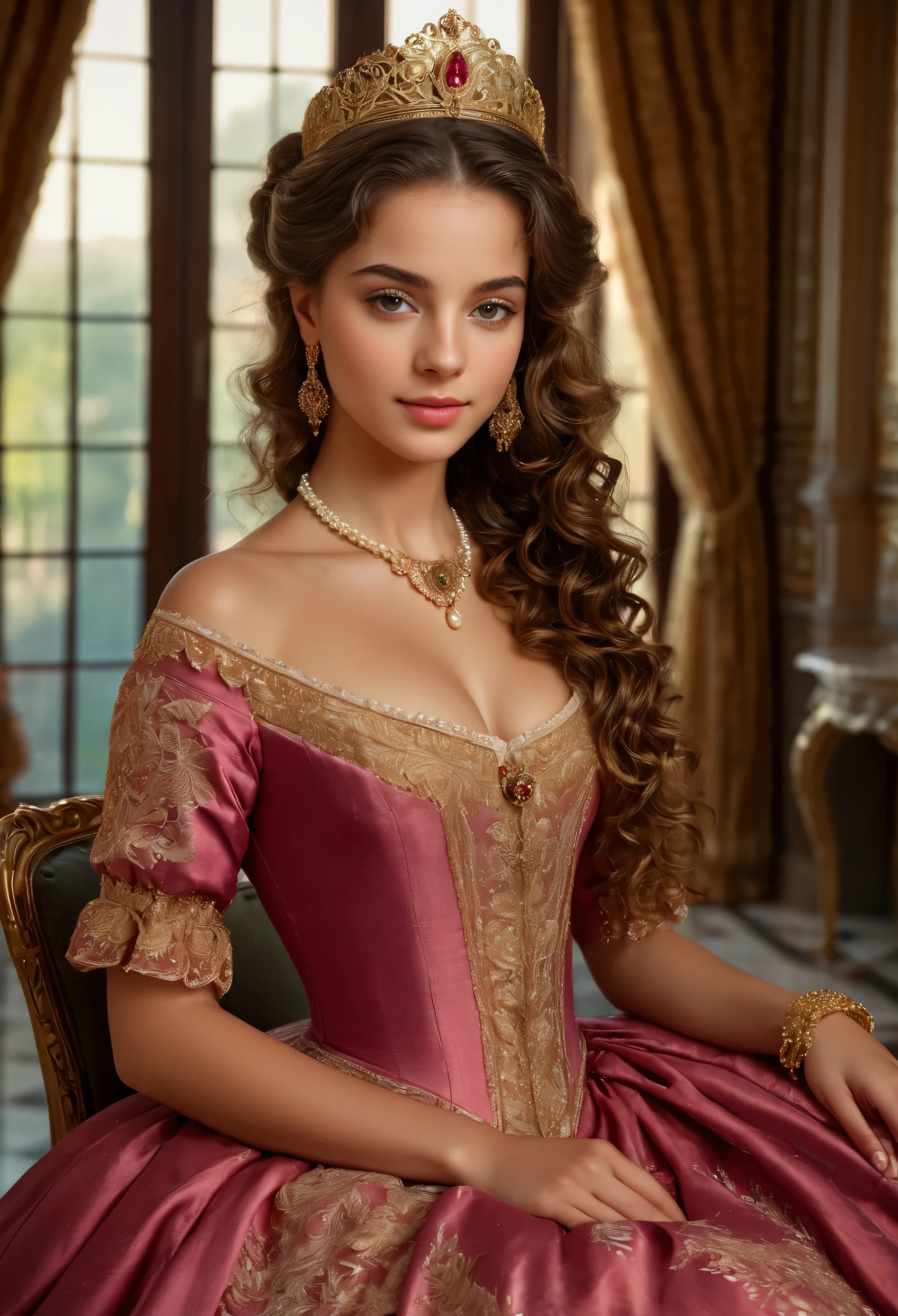 (best quality,4k,highres,masterpiece:1.2),ultra-detailed,(realistic:1.37),(vivid colors:1.1)
portrait,17th century,Spanish,beautiful girl,noble's daughter,world's most beautiful,15 years old,young,graceful,innocent,charming,fascinating,delicate features,sparkling eyes,rosy cheeks,European,flowing curly hair,subtle smile,regal demeanor,stylish dress with exquisite detailing,satin fabric,golden embroidery,soft lace,pearl necklace,elaborate headpiece, soft lighting,gentle shadows,intricate background,ornate wallpaper,rich tapestry,polished marble floor,classical surroundings,atmosphere of elegance and refinement,serene expression,subtle hint of mystery,depth of emotions,artistic style reminiscent of the Spanish Renaissance,unique brushwork,sublime composition,timeless beauty,unforgettable masterpiece