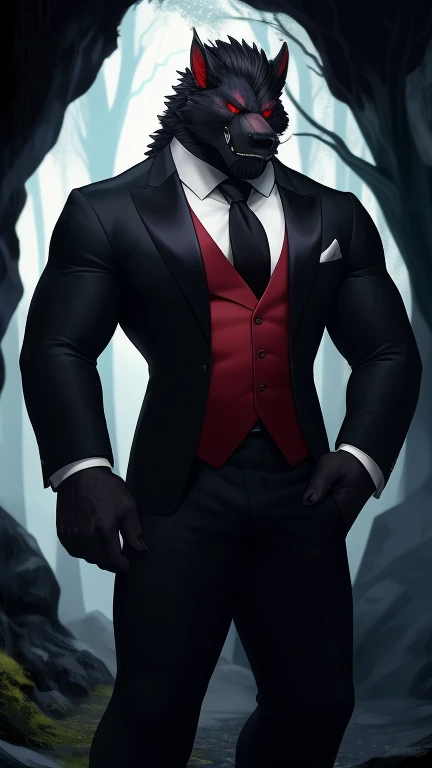 In the heart of a deep and mysterious forest, there stands a tall, muscular monster with black fur and dark, handsome skin. His captivating red eyes glow ominously, hinting at an otherworldly presence. Sharp fangs protrude from his menacing grin, adding to the strange and intriguing allure of this creature. He wears an elegant suit, adding an air of sophistication to his intimidating appearance. As he stands in front of a yawning, shadowy cave, a feeling of enigma and anticipation fills the cool forest air. (Masterpiece, highest quality, detailed, realistic, dramatic, mysterious, suit, deep forest, shadowy cave)
This
