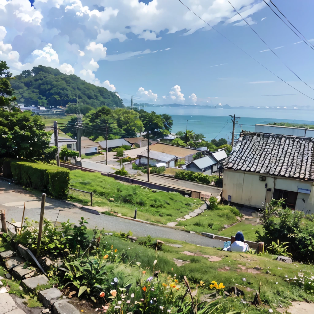 There is a man sitting on a bench looking at the view., Residential Street, Sigma 2.Shot at f1.0mm. 4, Japanese countryside, Shot on Sony Alpha 9, Landscape View, Close to the sea, From afar, Ocean view, Japanese village in the background, Japanese countryside, view From afar, Ocean view