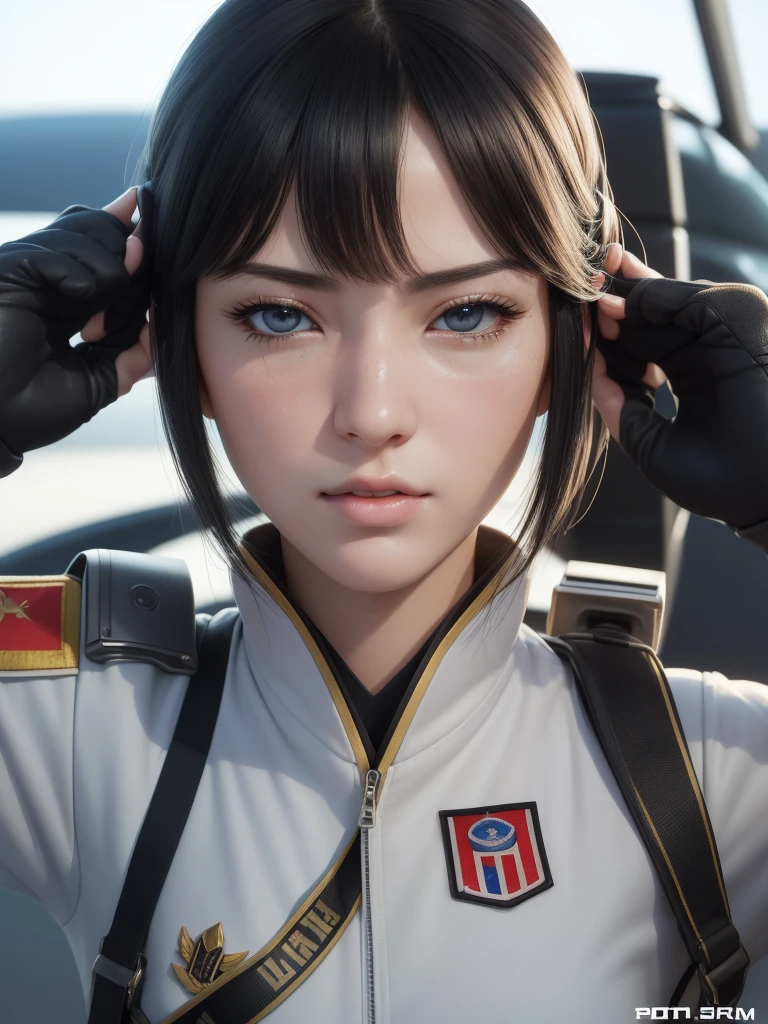 Masseter film, Best quality, (((Realist, Photorealistic:1.37))), ((solo)), 8K Image Quality, Extremely refined, brilliant, Official art with attention to detail, ridiculous, Unbelievably ridiculous, Huge file size, Ultra Detailed, Very detailed, (pretty girl), (Detailed girl), Extremely detailed eyes and faces, Beautiful and delicate eyes, Light makeup,, (Perfect female body), (Japanese Beauty), ((whole body)), ((Put the head into the frame)), black haired, ((Female fighter pilot)), (((猩紅色whole body戰鬥機飛行員服))), (Military airfields, sunny),