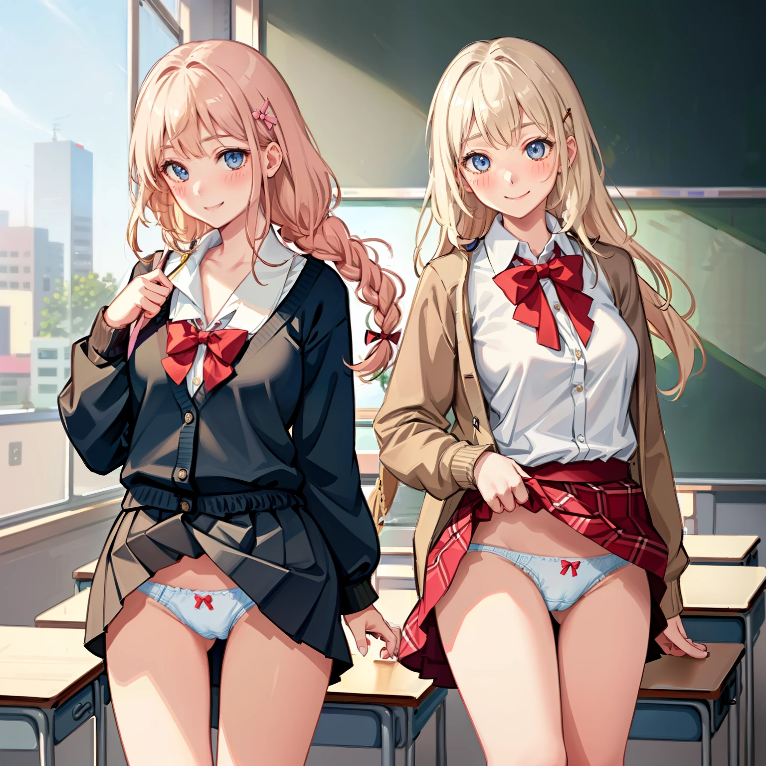 ((2 girls))、(smile:1.5)、Small breasts、（Cowboy Shot）、(fun!!)、(cardigan)、(Blonde)、(blush:1.4)、、(single braid)、(Eye highlights:1.3)、blake black shoes,(黒いskirt)、bow, button, shirt with collar, Long sleeve,  ((red bow tie, , Black jacket, Open jacket, 茶色のcardigan, white shirt, 黒のskirt, チェック柄のskirt、white socks)),, shirt,, skirt, socks, Thighs, white shirt, Rest indoors, ((classroom:1.5))、 BREAK while watching the audience、(skirtを掴む:1.0)、 (Perfect hands, Perfect Anatomy),Cowboy Shot、(skirt lift:1.3),(Highly detailed panties:1.3)、(Highly detailed white panties:1.3)、、(skirt that rolls up:1.3)、(Full-fledged panties:1.5)、Light blue eyes、