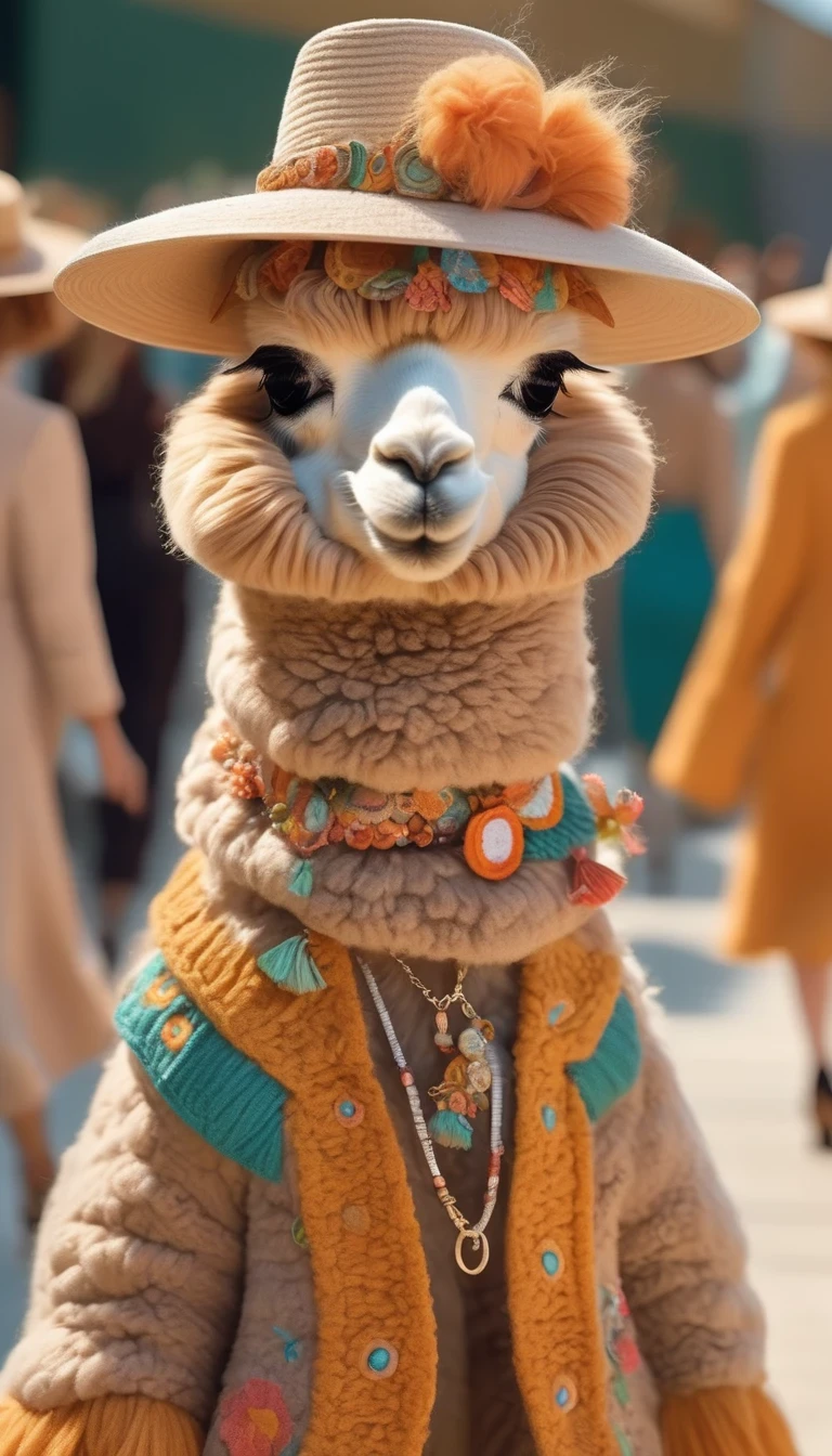 in style of Gouache artwork , portrait，（Cute alpaca fashion show）， Alpaca is anthropomorphized with makeup，whole body，Fashion trends for summer 2024，Khaki，milky，Charming Alpaca，Enchanting Alpaca，Walking on a catwalk，Dynamic poses，Cool，Cute big eyes，necklace，hat，Fashion，Cartoon，iin style of Terracotta artwork , portrait，background：Fashion show catwalks