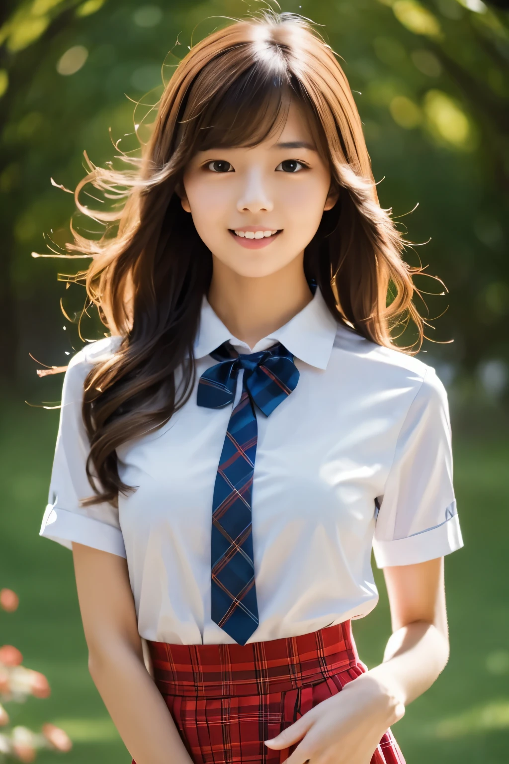 masterpiece, close up of face, front-facing view, a Japanese young pretty woman, , (Bouncing cheerfully), Gorgeous figure, Wearing a short-sleeved white collared shirt and a shiny red satin plain bow tie, Wearing a blue tartan plaid skirt, absolutely pretty face, shiny lips, Double eyelids in both eyes, Natural makeup,  long eyeslashes, shiny smooth light brown hair of medium length, asymmetrical bangs, Alone in the classroom, Headframe, image in center, 8K resolution, high detail, detailed hairstyle, A detailed face, spectacular movie lighting, Ultra-realistic, Perfect limbs, full body Esbian