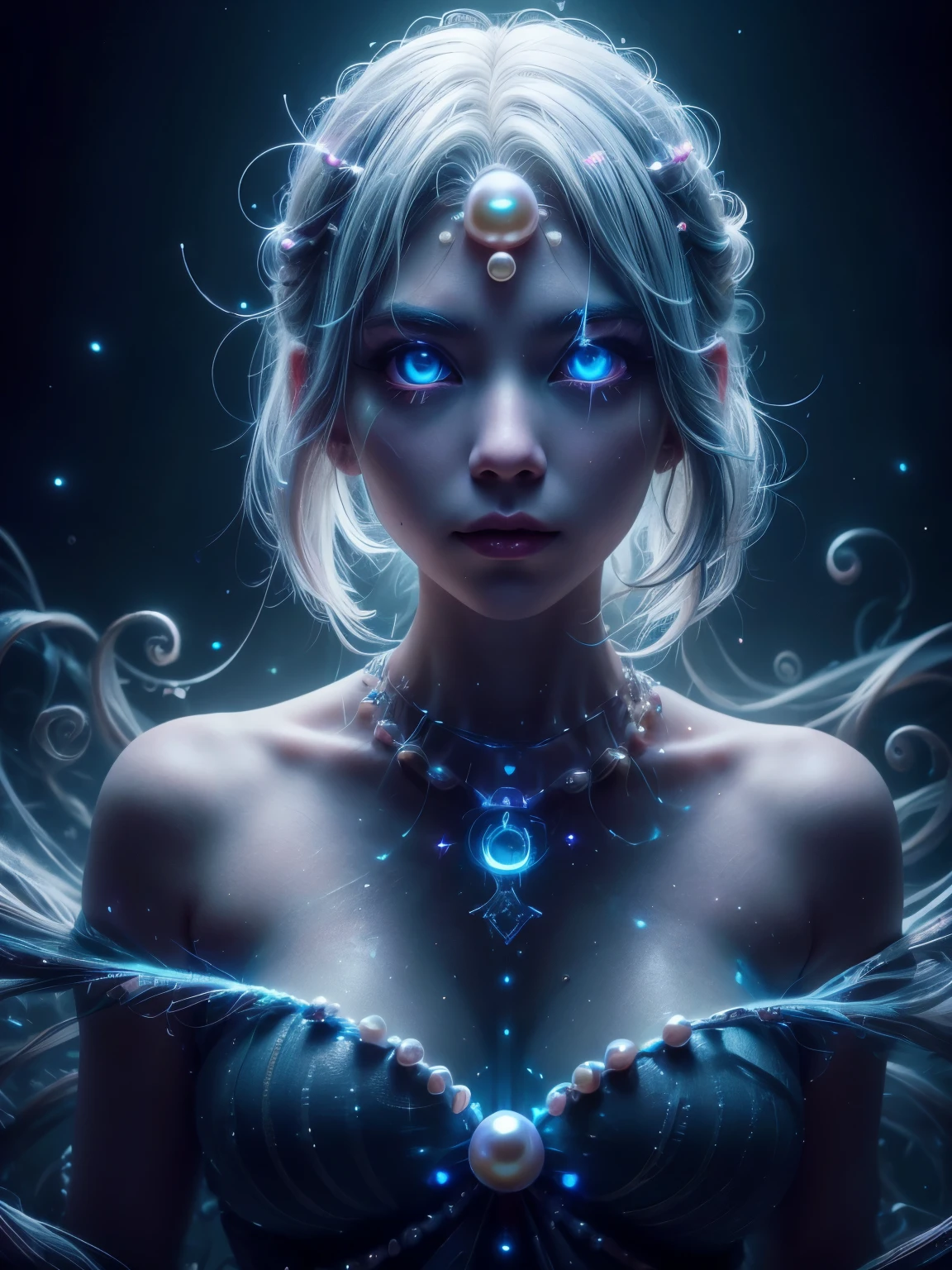 ((upper body)), best quality, masterpiece, a Japanese woman with ((Luminescence white hair)), ((detailed pearl blue eye)), high detailed goddess soul, focus on character, solo, (style swirl magic), solo, from front, front view, looking at viewer, detailed face, ((Luminescence Lighting Magic Circle theme)), perched on a ledge, tight neon body, light streaks, dark abyssal wanderer abstract, ((Simple Luminescence Neon Gown)), inscribed with mystical runes, outdoor dystopian background,