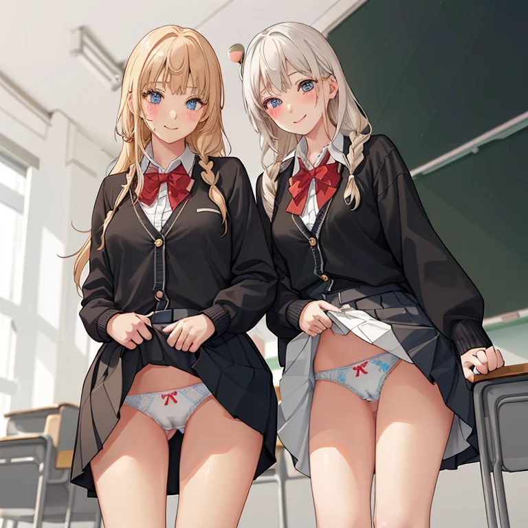 ((2 girls))、(smile:1.5)、Small breasts、(Cowboy Shot)、(fun!!)、(cardigan)、(Blonde)、(blush:1.4)、、(single braid)、(Eye highlights:1.3)、blake black shoes,(黒いskirt)、bow, button, shirt with collar, Long sleeve, ((red bow tie, , Black jacket, Open jacket, 茶色のcardigan, white shirt, 黒のskirt, チェック柄のskirt、white socks)),, shirt,, skirt, socks, Thighs, white shirt, Rest indoors, ((classroom:1.5))、 BREAK while watching the audience、(skirtを掴む:1.0)、 (Perfect hands, Perfect Anatomy),Cowboy Shot、(skirt lift:1.3),(Highly detailed panties:1.3)、(Highly detailed white panties:1.3)、、(skirt that rolls up:1.3)、(Full-fledged panties:1.5)、Light blue eyes、