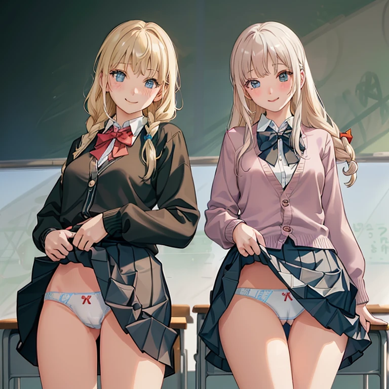 ((2 girls))、(smile:1.mall breawboy Shot)、(fun!!)、(cardigan)、(Blonde)、(blush:1.4)、、(single)、(Eye highlights:1.3)、blake black shoes,(黒いskirt)、bow, button, shirt witllar, Long sleeve, ((red bow tie, , Black jacket, Open jacket, 茶色のcardigan, white shirt, 黒のskirt, チェック柄のskirt、white socks)),, shirt,, skirt, socks, Thighs, white shirt, Rest indoors, ((classroom:1.5))、 BREAK while watching the audience、(skirtを掴む:1.0)、 (Perfect hands, Perfect Anatomy),Cowboy Shot、(skirt lift:1.3),(Highly detailed panties:1.3)、(Highly d white panties:1.3)、、(skirt that ro1.3)、(Fulled panties:1.5)、Light blue eyes、