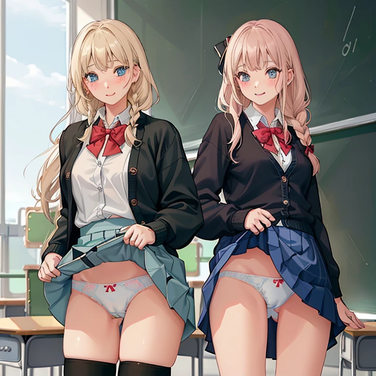 ((2 girls))、(smile:1.5)、Small breasts、(Cowboy Shot)、(fun!!)、(cardigan)、(Blonde)、(blush:1.4)、、(single braid)、(Eye highlights:1.3)、blake black shoes,(黒いskirt)、bow, button, shirt with collar, Long sleeve, ((red bow tie, , Black jacket, Open jacket, 茶色のcardigan, white shirt, 黒のskirt, チェック柄のskirt、white socks)),, shirt,, skirt, socks, Thighs, white shirt, Rest indoors, ((classroom:1.5))、 BREAK while watching the audience、(skirtを掴む:1.0)、 (Perfect hands, Perfect Anatomy),Cowboy Shot、(skirt lift:1.3),(Highly detailed panties:1.3)、(Highly detailed white panties:1.3)、、(skirt that rolls up:1.3)、(Full-fledged panties:1.5)、Light blue eyes、