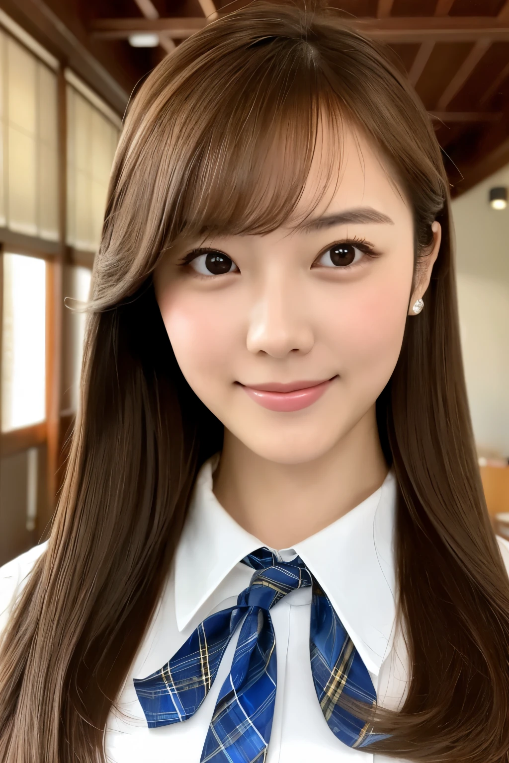 masterpiece, close up of face, front-facing view, a Japanese young pretty woman, 17 years old, (Bouncing cheerfully), Gorgeous figure, Wearing a short-sleeved white collared shirt and a shiny red satin plain bow tie, Wearing a blue tartan plaid skirt, absolutely pretty face, shiny lips, Double eyelids in both eyes, Natural makeup, long eyeslashes, shiny smooth light brown hair of medium length, asymmetrical bangs, Alone in the classroom, Headframe, image in center, 8K resolution, high detail, detailed hairstyle, A detailed face, spectacular movie lighting, Ultra-realistic, Perfect limbs, full body Esbian