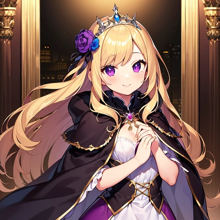 (kawaii),(best quality),(ultra detailed), upper body,(rococo style),(long train dark violet cape:1.15), very long cape,(long train dark violet ball gown with flower decorations), a girl is wearing a cape over her gown, 1 little princess, tiara, smile, small breasts, very long hair