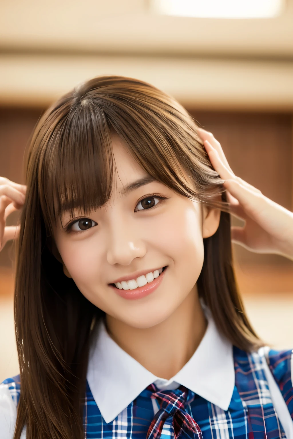 masterpiece, close up of face, front-facing view, a Japanese young pretty woman, 17 years old, (Bouncing cheerfully), Gorgeous figure, Wearing a short-sleeved white collared shirt and a shiny red satin plain bow tie, Wearing a blue tartan plaid skirt, absolutely pretty face, shiny lips, Double eyelids in both eyes, Natural makeup, long eyeslashes, shiny smooth light brown hair of medium length, asymmetrical bangs, Alone in the classroom, Headframe, image in center, 8K resolution, high detail, detailed hairstyle, A detailed face, spectacular movie lighting, Ultra-realistic, Perfect limbs, full body Esbian