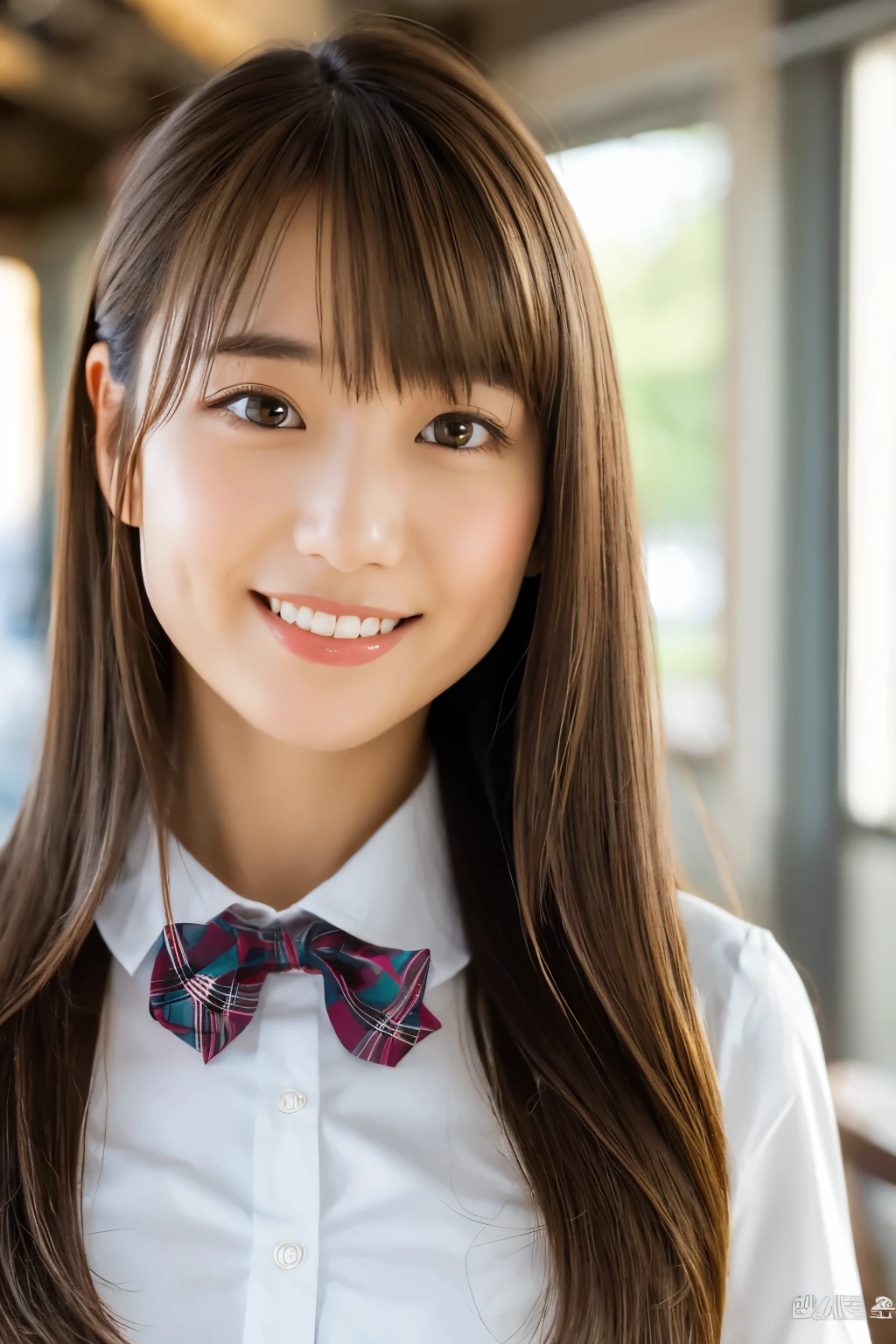 masterpiece, close up of face, front-facing view, a Japanese young pretty woman, 17 years old, (Bouncing cheerfully), Gorgeous figure, Wearing a short-sleeved white collared shirt and a shiny red satin plain bow tie, Wearing a blue tartan plaid skirt, absolutely pretty face, shiny lips, Double eyelids in both eyes, Natural makeup,  long eyeslashes, shiny smooth light brown hair of medium length, asymmetrical bangs, Alone in the classroom, Headframe, image in center, 8K resolution, high detail, detailed hairstyle, A detailed face, spectacular movie lighting, Ultra-realistic, Perfect limbs, full body Esbian