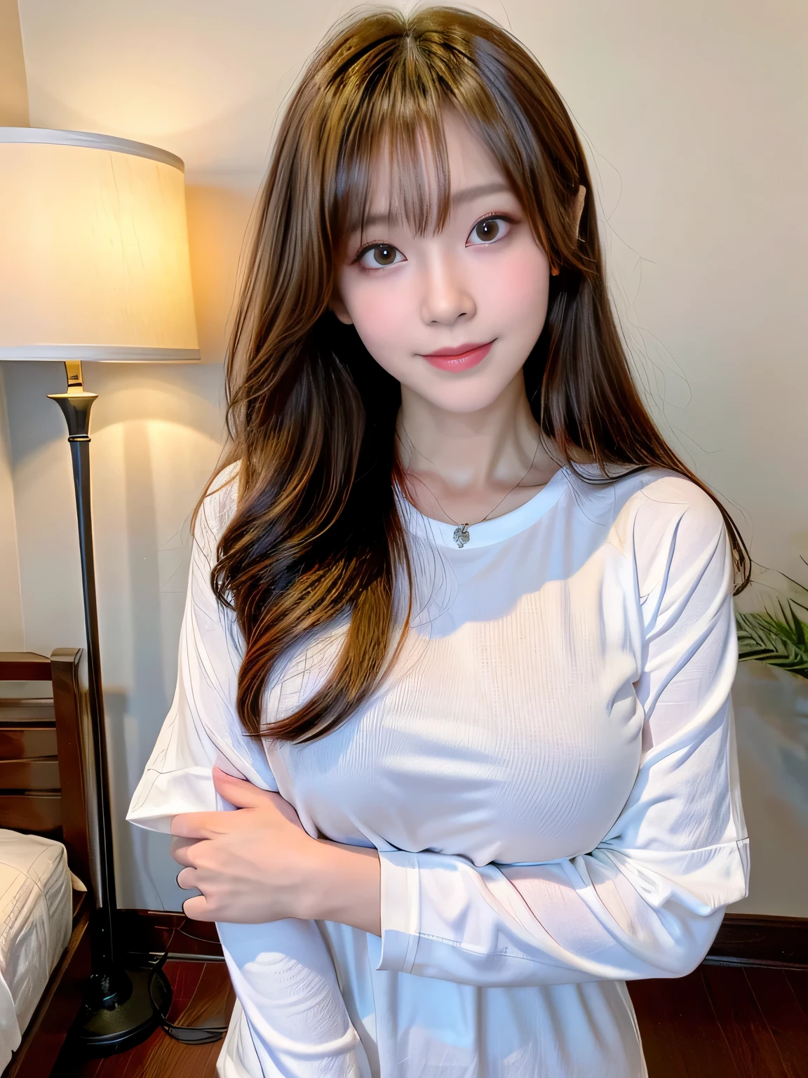 Full Body Angle、((highest quality, 8K, masterpiece: 1.3)), concentrated: 1.2, Cute girl 1,nipples erect、Braless walk、 Perfect beauty: 1.4,Women's Solid Color Double Layered Pleated Skirt: 1.2,Long sleeve、randal color、comics&Text Graphics、Short sleeve pajamas,1.1, Highly detailed face and skin textures, Fine grain, double eyelid, whitening skin, ,highest quality,Ultra-high resolution,you,1 girl,alone,_Shiny_skin,Iris,necklace,((Brown_length_Wavy_hair)),(lips)),eyelash,front hair,deal with,compensate,Shiny,pore,skin texture,big breasts、smiling face、living、