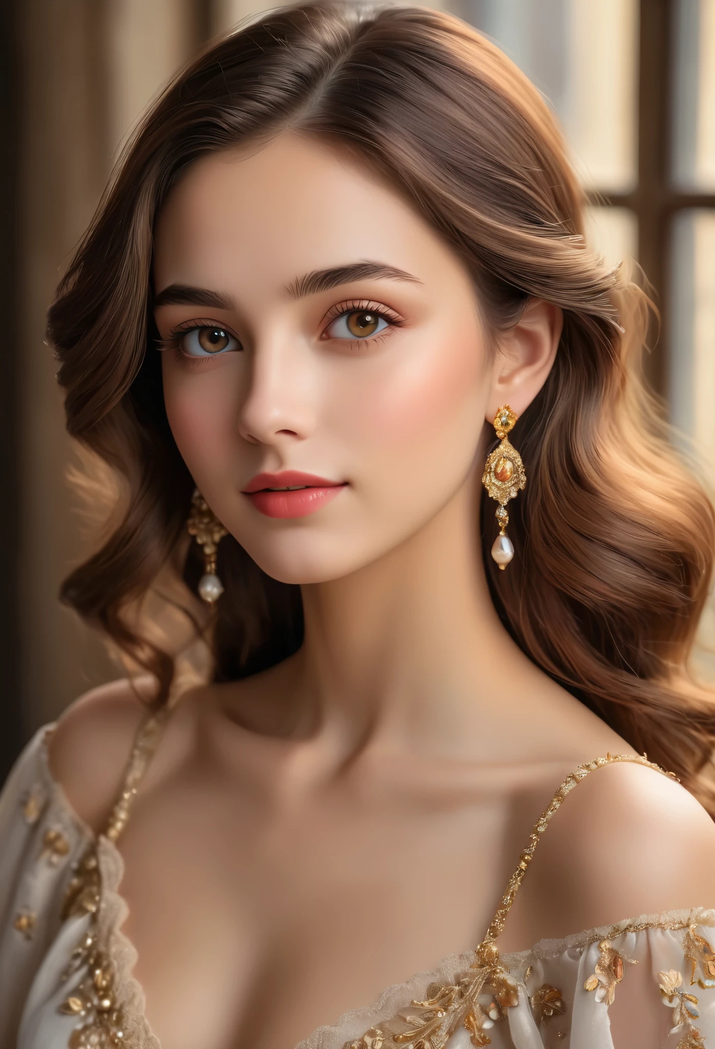 (best quality,4k,8k,highres,masterpiece:1.2),ultra-detailed,(realistic,photorealistic,photo-realistic:1.37),female portrait,Spanish,15-year-old,sparkling beauty,world's most beautiful,highest masterpiece,elegant eyes,rosy lips,glossy complexion,youthful skin texture,subtle smile,soft lighting,delicate brushstrokes,vivid colors,classic oil painting style, 17 centuries