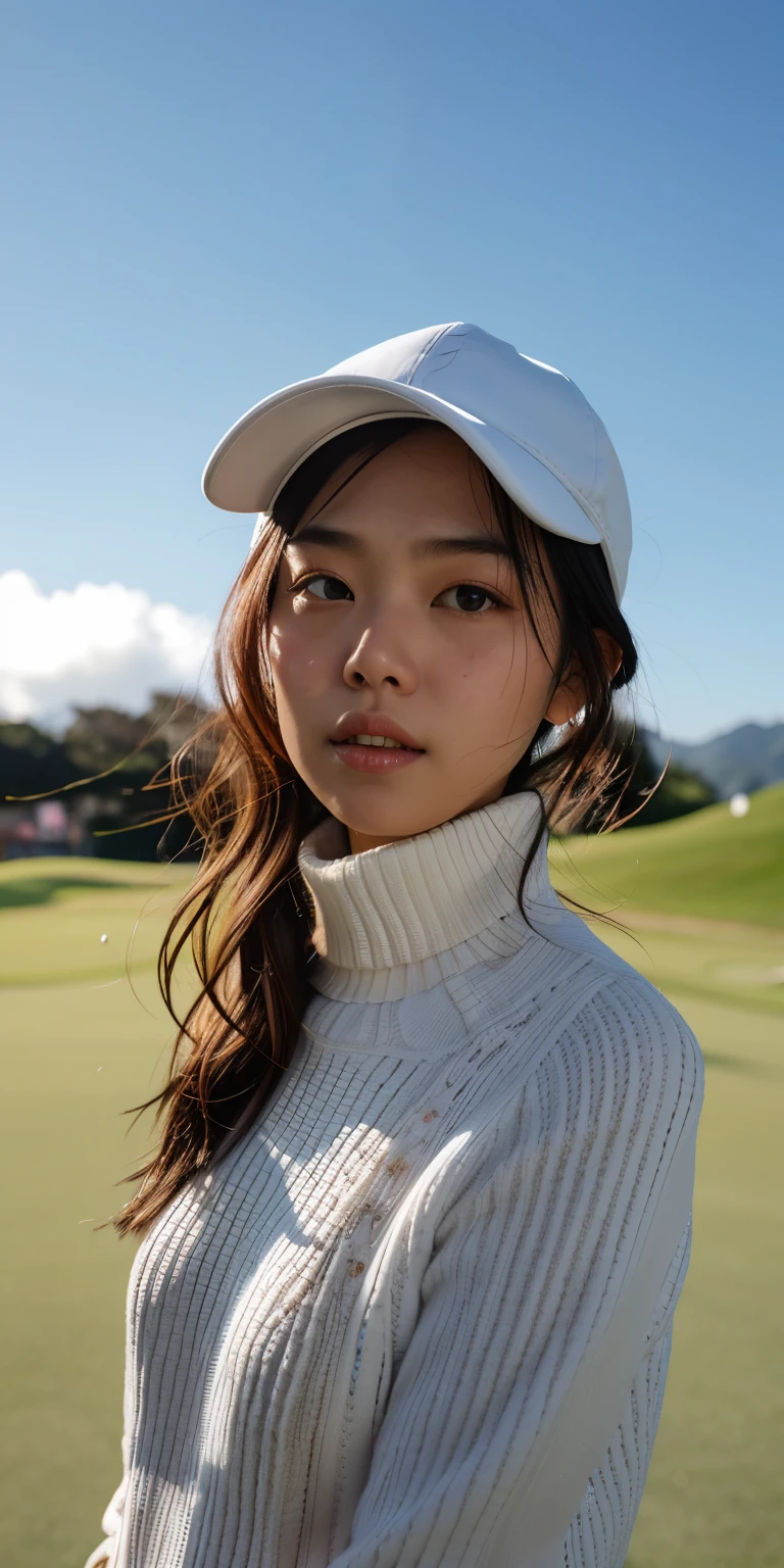 30 years old hong kong golf girl, cool weather, closeup selfie, white golf cap, white jumper, golf court