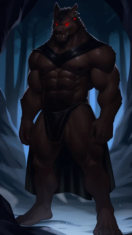 Amidst the dense, dark forest, a towering figure clad in a long, voluminous veil suit emerged in front of a cavernous cave. His black fur, slicked and matted against his muscular frame, shimmered under the moonlight. The man's dark skin was a stark contrast to his piercing red eyes that gleamed with an otherworldly allure. An intriguing air of handsomeness enveloped him as he revealed his sharp fangs threateningly, showcasing his true identity as the most enigmatic and powerful monster – a tall, red-eyed mage, unlike any other.