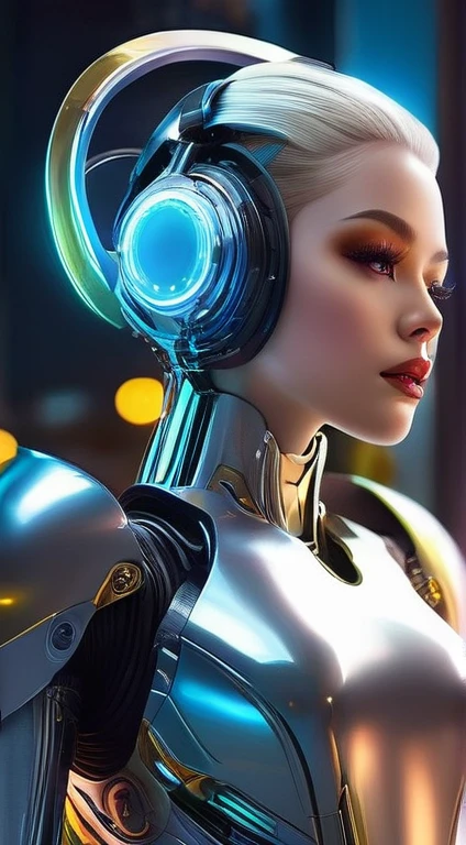 A beautiful robot girl,Has realistic features and expressions, Stunning metallic texture, Intricate details, and advanced mechanics. She has glowing LED eyes, Skin as smooth as porcelain, and perfectly glossy lips. Her sleek and stylish design perfectly blends futuristic aesthetics and humanistic charm. She held her head high,Confident posture,Arms in an elegant pose. The scene around her shows an environment filled with futuristic technology,Featuring state-of-the-art machinery and a tranquil backdrop. Lights are vibrant, Mix of warm and cool colors, Creates a captivating and surreal atmosphere. The art style is a fusion of realistic art and conceptual art, Combining lifelike details with artistic interpretation. Bright and eye-catching colors, With metallic accents and neon accents. highest image quality, With ultra-fine rendering, Precise Shadows, And clear focus. in any sense,This is a masterpiece, Created with professional skill and attention to every detail.