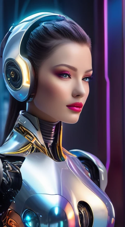 A beautiful robot girl，Has realistic features and expressions, Stunning metallic texture, Intricate details, and advanced mechanics. She has glowing LED eyes, Skin as smooth as porcelain, and perfectly glossy lips. Her sleek and stylish design perfectly blends futuristic aesthetics and humanistic charm. She held her head high，Confident posture，Arms in an elegant pose. The scene around her shows an environment filled with futuristic technology，Featuring state-of-the-art machinery and a tranquil backdrop. Lights are vibrant, Mix of warm and cool colors, Creates a captivating and surreal atmosphere. The art style is a fusion of realistic art and conceptual art, Combining lifelike details with artistic interpretation. Bright and eye-catching colors, With metallic accents and neon accents. highest image quality, With ultra-fine rendering, Precise Shadows, And clear focus. in any sense，This is a masterpiece, Created with professional skill and attention to every detail.