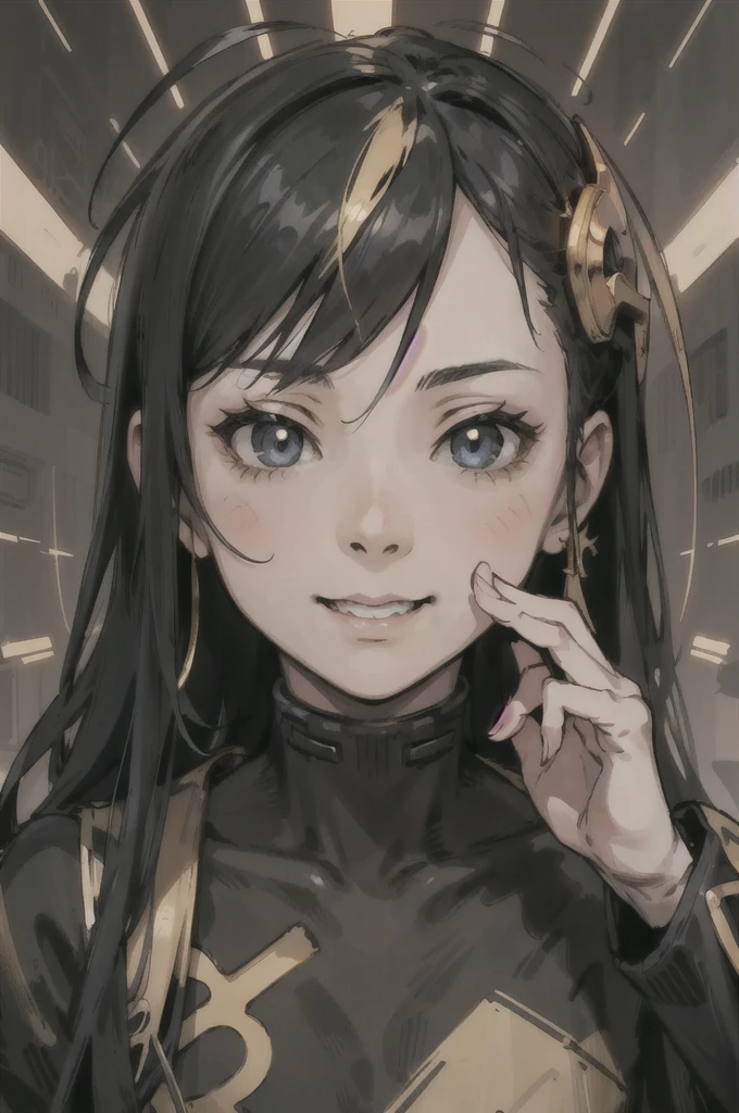 (High resolution), (Ultra delicate), (clear), Realistic,((A girl with black hair and gold inner color)).(((cyber punk))),face,Skin realism、High jumps、かわいい笑face、hilarious pose、A fusion of Japanese style and the near future、Astrology