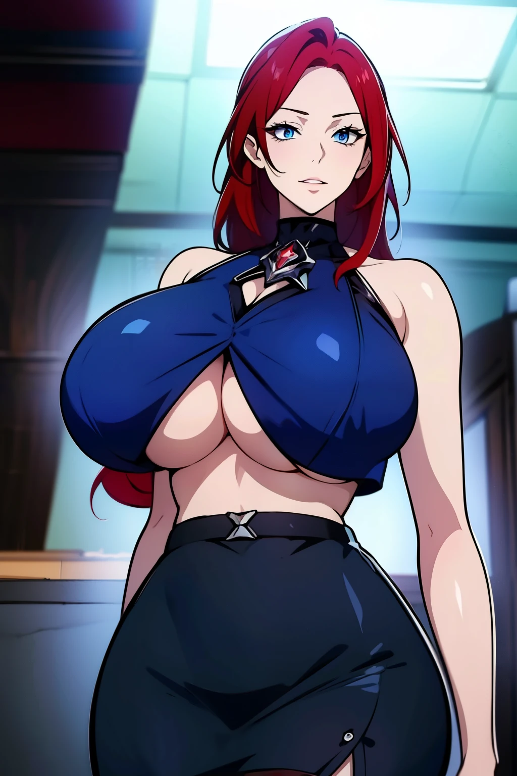 An anime-style artwork depicting acheron from the game Honkai star rail.

Tags: acheronhsr, anime, detailed eyes, detailed lips, black crop top, black turtleneck, black pencil skirt, smiling expression, intense gaze, glowing emblem on hand, dynamic pose, mystical background, vibrant colors, digital art, high-resolution, professional quality, gigantic breasts, (underboob : 1.4), curvy, cowboy shot, (gigantic breasts: 1.4), (blue eyes: 1.4), (red hair: 1.6)