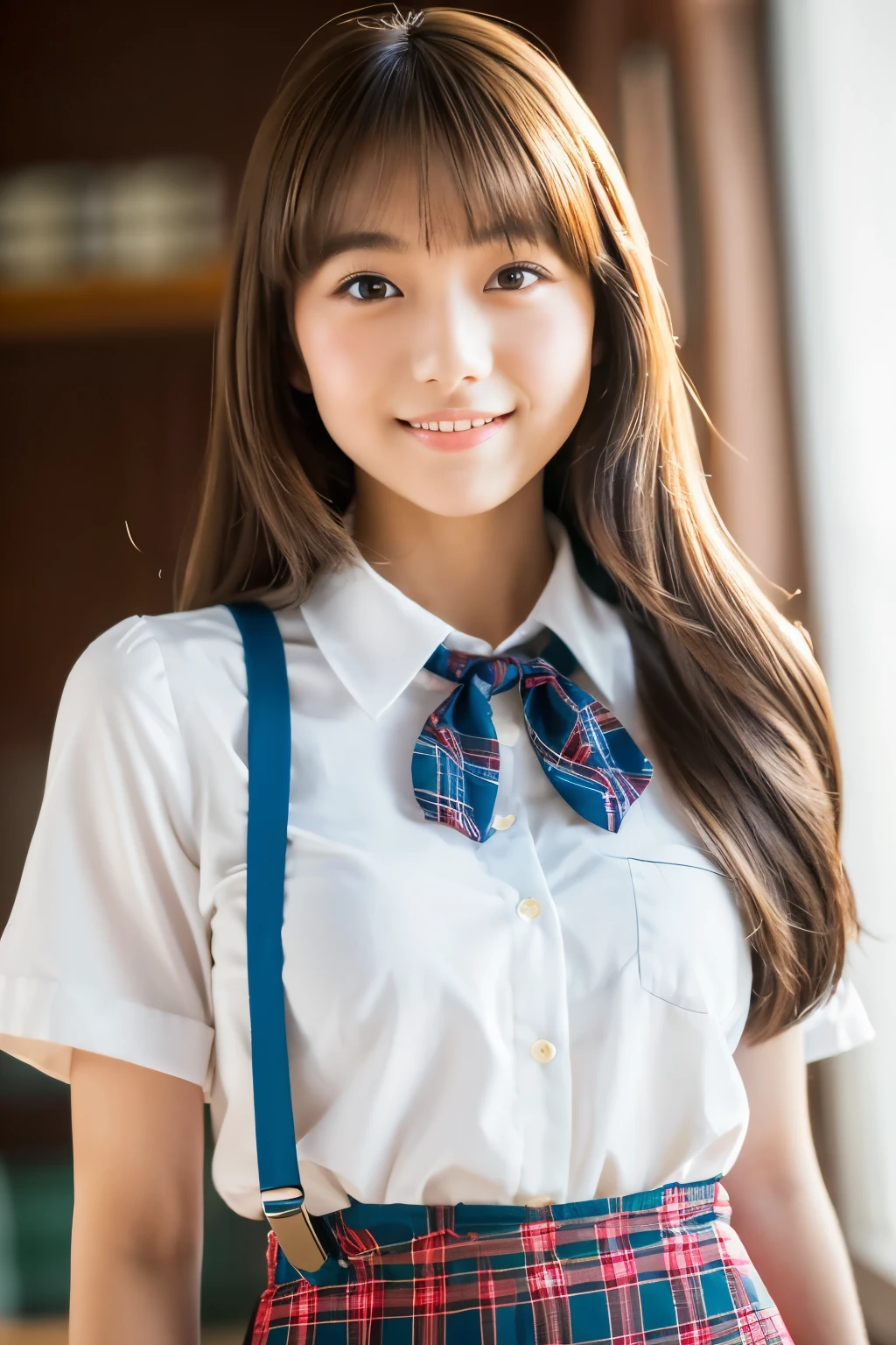 masterpiece, close up of face, front-facing view, a Japanese young pretty woman, 17 years old, (Bouncing cheerfully), Gorgeous figure, Wearing a short-sleeved white collared shirt and a shiny red satin plain bow tie, Wearing a blue tartan plaid skirt, absolutely pretty face, shiny lips, Double eyelids in both eyes, Natural makeup,  long eyeslashes, shiny smooth light brown hair of medium length, asymmetrical bangs, Alone in the classroom, Headframe, image in center, 8K resolution, high detail, detailed hairstyle, A detailed face, spectacular movie lighting, Ultra-realistic, Perfect limbs, full body Esbian