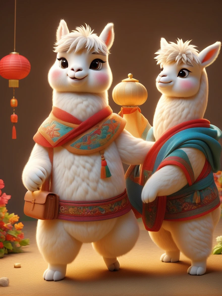My husband&#39;s cute and furry alpaca belly，Expression，exaggerated movements，3d characters，White background，A bit fluffy，elongated shape，Cartoon Style，Simplicity-chaos