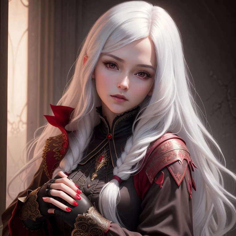 (((full medium shot))), (Masterpiece, photorealistic, photorealism, best quality, ultra-detailed:1.3), (nice hands, perfect hands), official art, cinematic light, (1girl:1.3), adult, blood, vampire, scholar, scroll, long hair, while skin, white hair, red eyes, Detailed and Intricate, CGI, Unreal Engine, Fantasy