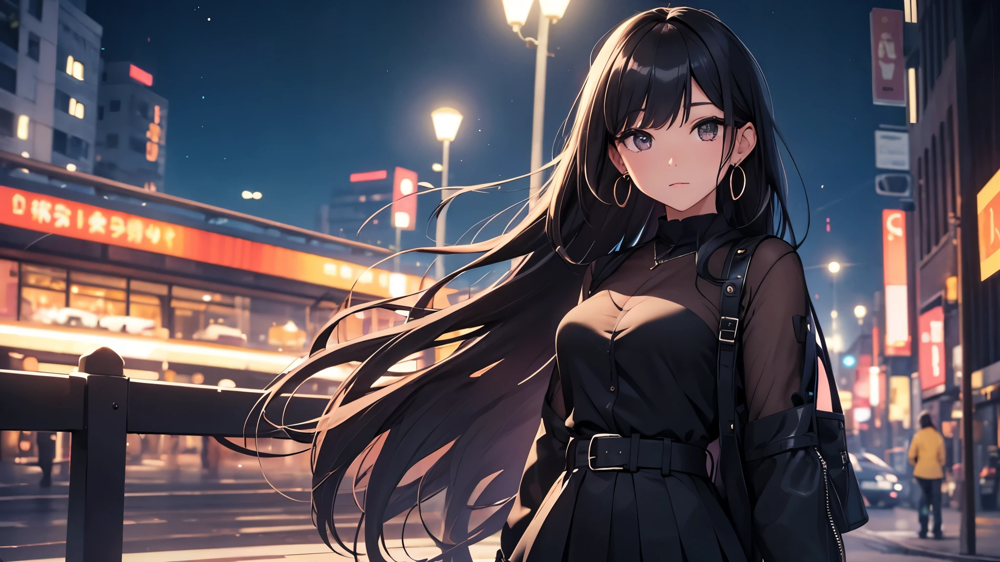 beautiful girl, Expressionless, Long black hair, Fashionable clothes, black short skirt, middle chest,Earrings,Detailed Background,Night view,cool,