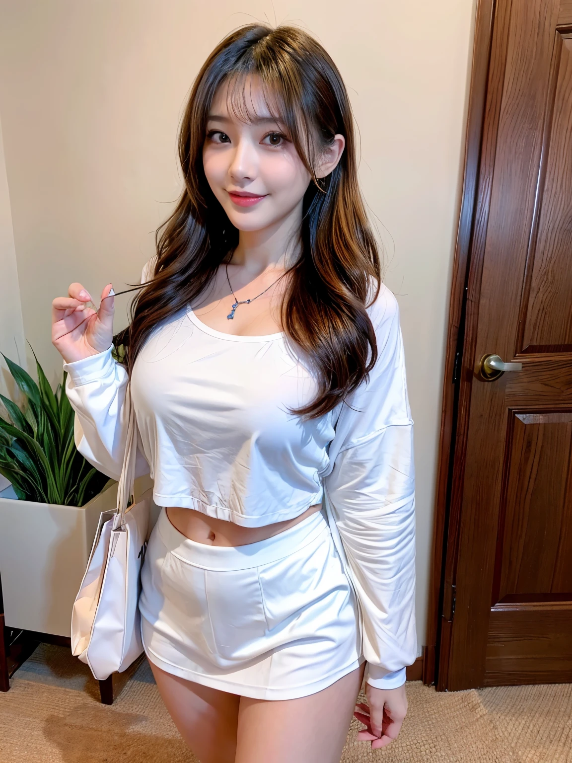 Full Body Angle、((highest quality, 8K, masterpiece: 1.3)), concentrated: 1.2, Cute girl 1,nipples erect、Braless walk、 Perfect beauty: 1.4,Women&#39;s Solid Color Double Layered Pleated Skirt: 1.2,Long sleeve、randal color、comics＆Text Graphics、Short sleeve pajamas,1.1, 非常に詳細な顔とskinの質感, Fine grain, double eyelid, 美白skin, ,highest quality,Ultra-high resolution,you,1 girl,alone,_Shiny_skin,Iris,necklace,((Brown_length_Wavy_hair)),(lips)),eyelash,前hair,deal with,compensate,Shiny,pore,skin texture,big breasts、smiling face、living、