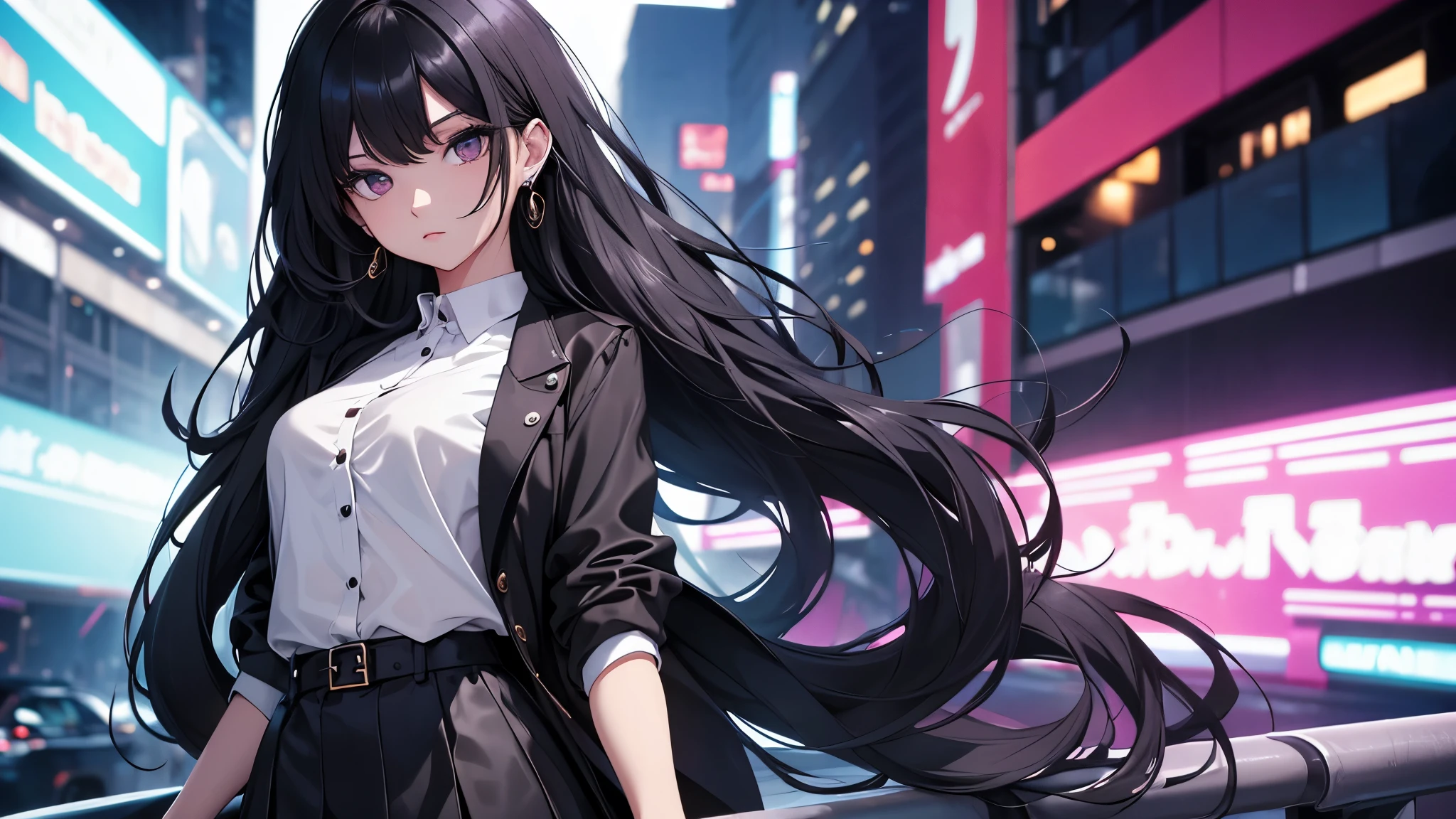 beautiful girl, Expressionless, Long black hair, Fashionable clothes, black short skirt, middle chest,Earrings,Detailed Background,Night view,cool,