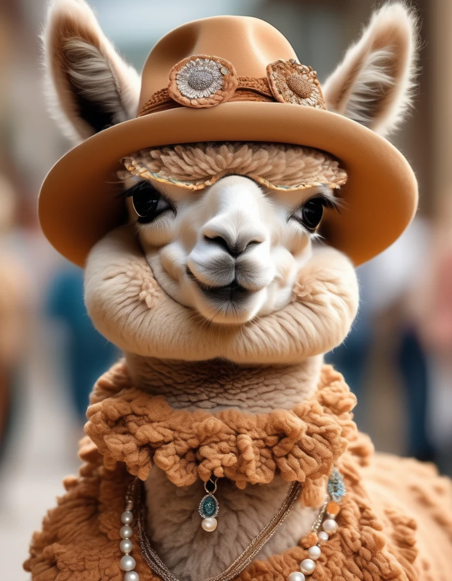 in style of Fractal art , portrait,(Cute alpaca fashion show), Alpaca is anthropomorphized with makeup,whole body,Fashion trends for summer 2024,Khaki,milky,Charming Alpaca,Enchanting Alpaca,Walking on a catwalk,Dynamic poses,Cool,Cute big eyes,necklace,hat,Fashion,Cartoon,iin style of Terracotta artwork , portrait,background:Fashion show catwalks