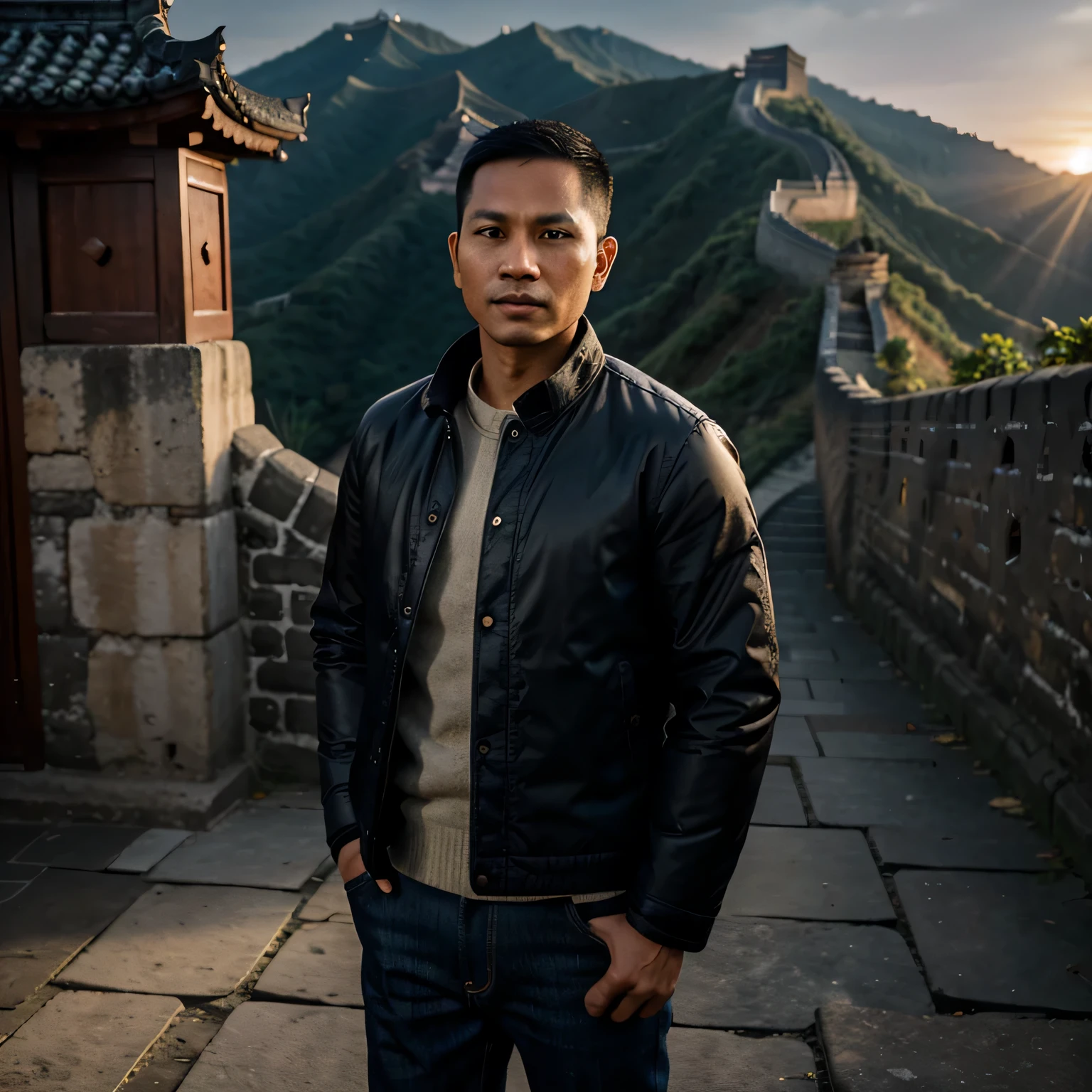 an Indonesian Javanese man (30 years old, oval and clean face, Indonesian-style skin, wearing a thick winter jacket, jeans) standing posing like a model on the Great Wall of China, photo slightly tilted to the side, visible face, atmosphere night, minimal lighting, sunset light. ultra HD, real photo, very detailed, very sharp, 18mm lens, realistic, photography, leica camera