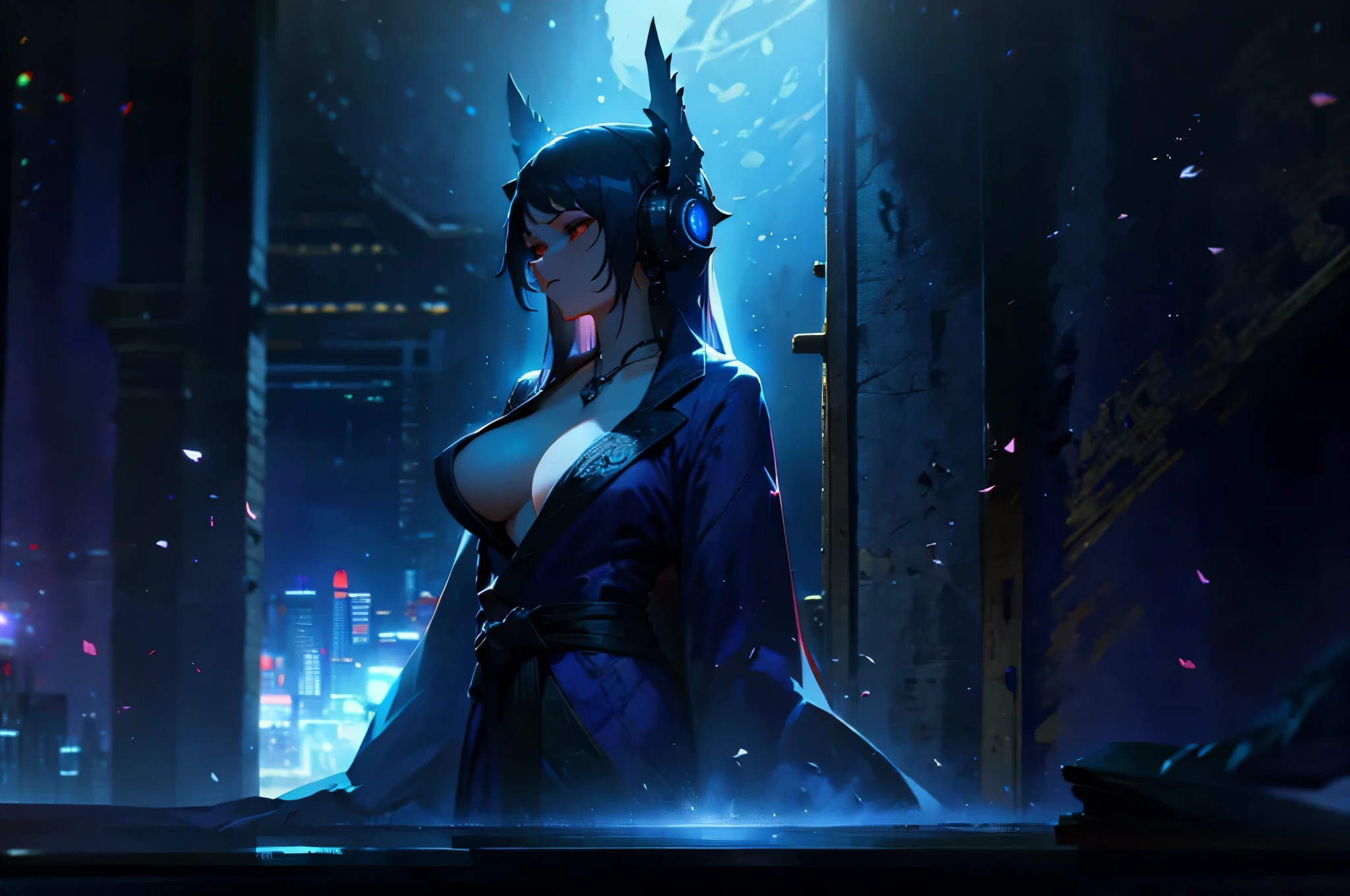 A woman wearing a bathrobe and headphones is lying on the bed、The large window behind offers a beautiful night view.、big breasts、sexy、dimly lit room、moonlight、exposed、Downlight、full moon、Stylish interior、On your back、red eyes