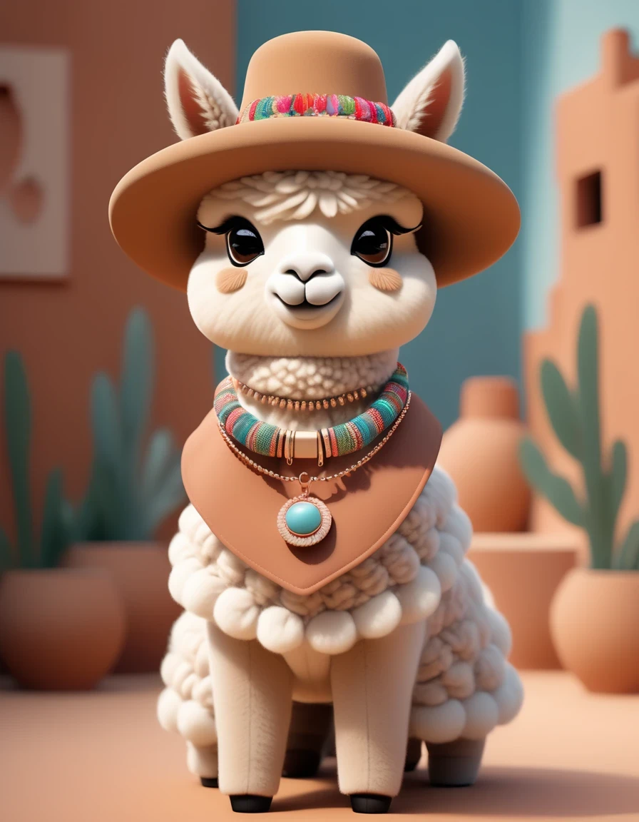 in style of Brutalism , portrait，（Cute alpaca fashion show）， Alpaca is anthropomorphized with makeup，whole body，Fashion trends for summer 2024，Khaki，milky，Charming Alpaca，Enchanting Alpaca，Walking on a catwalk，Dynamic poses，Cool，Cute big eyes，necklace，hat，Fashion，Cartoon，iin style of Terracotta artwork , portrait，background：Fashion show catwalks